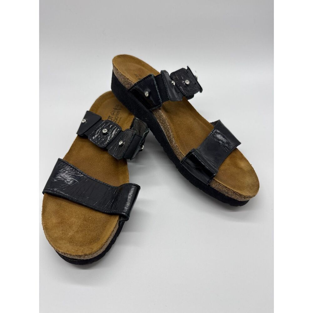 Naot Ashley Slide Sandals Black Textured Leather Rhinestone Accent EU38